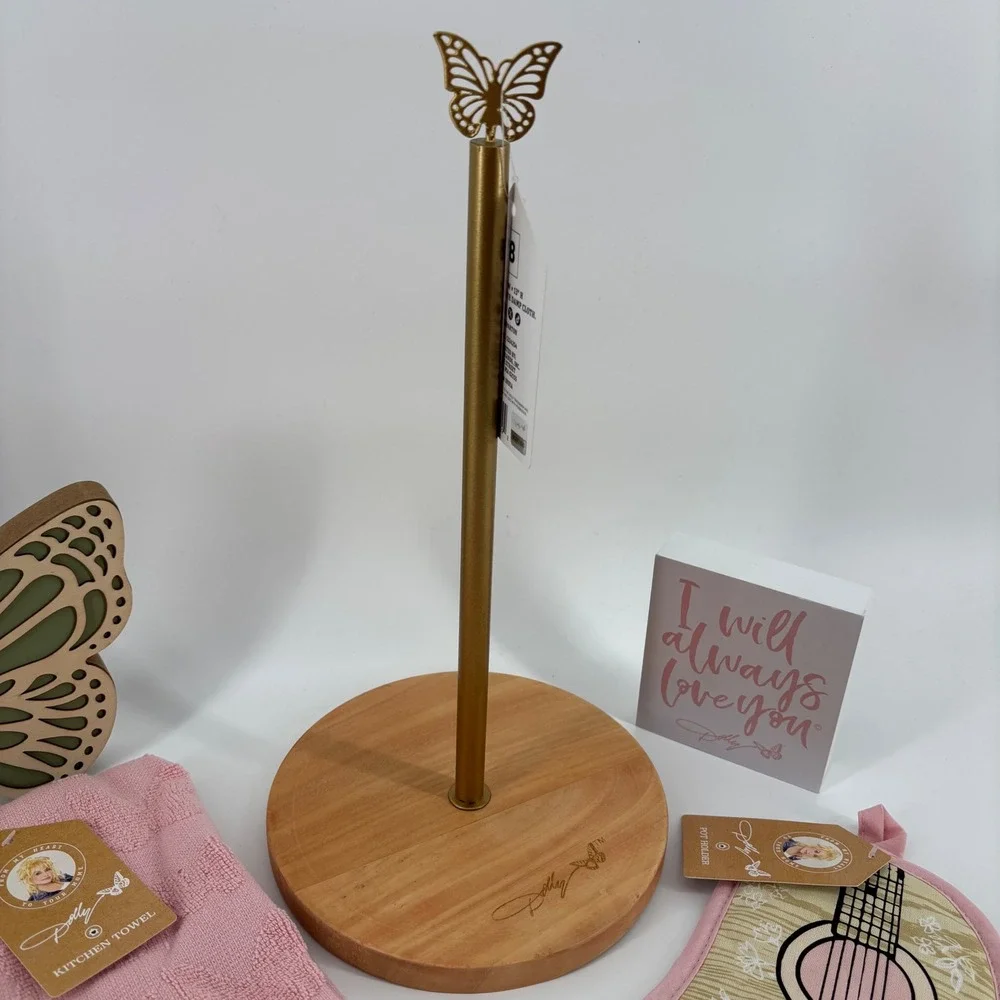Dolly Parton Kitchen Country Farmhouse Decor Set 5pc Pink Gold Butterfly NWT New